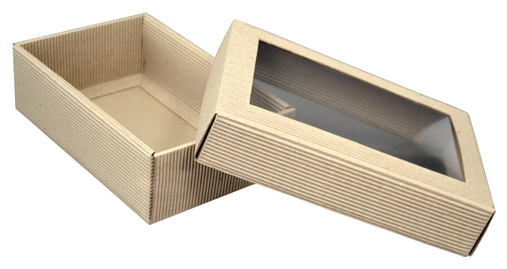Самосборная коробка тип "крышка-дно" из двухслойного микрогофрокартона с прозрачным окном из ПВХ